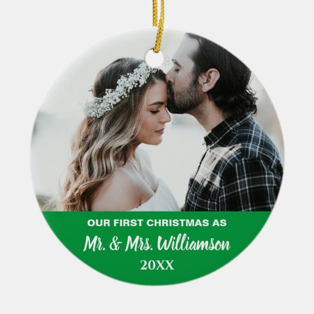 Our First Christmas Married Couple Custom Photo Ceramic Ornament (Front)