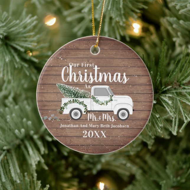Our First Christmas Married Couple Wood Truck Ceramic Ornament (Tree)