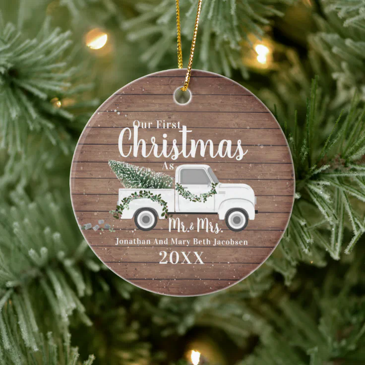 Our First Christmas Married Couple Wood Truck Ceramic Ornament | Zazzle