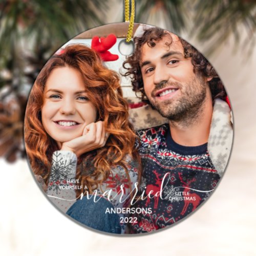 Our First Christmas Married Custom 2 Photo Ceramic Ornament