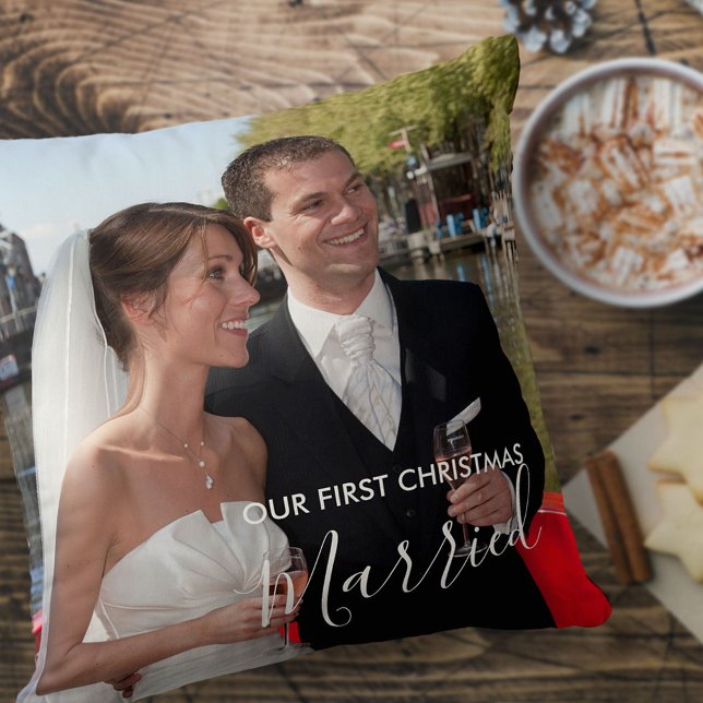Our First Christmas Married Custom 2 Photo Throw Pillow (Creator Uploaded)