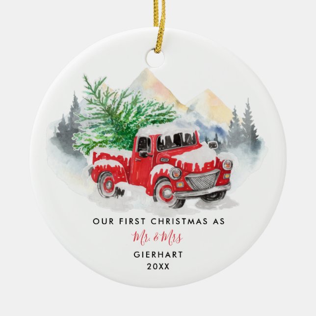 Our First Christmas Married Custom Name Script Ceramic Ornament (Front)