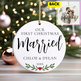 Our First Christmas Married Custom Photo Ceramic Ornament