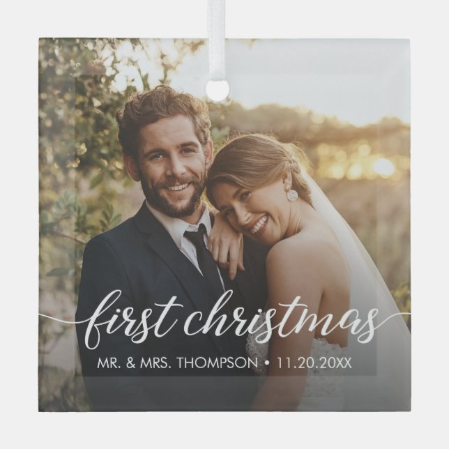 Our first Christmas MARRIED Custom Photo mr. mrs.  Glass Ornament (Front)