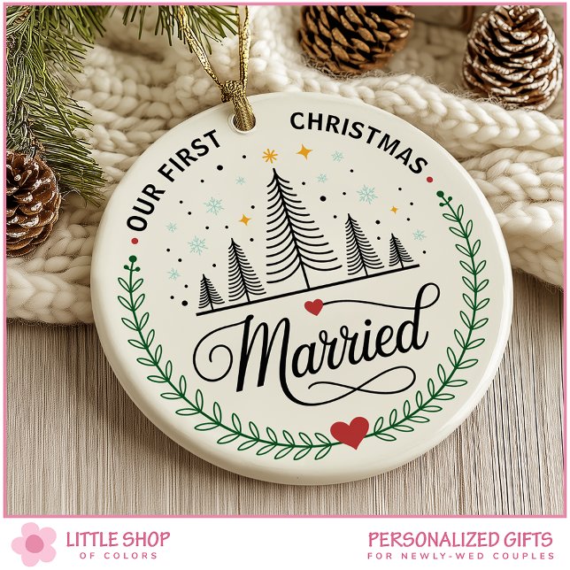 Our First Christmas Married Customizable Photo Ceramic Ornament (Creator Uploaded)