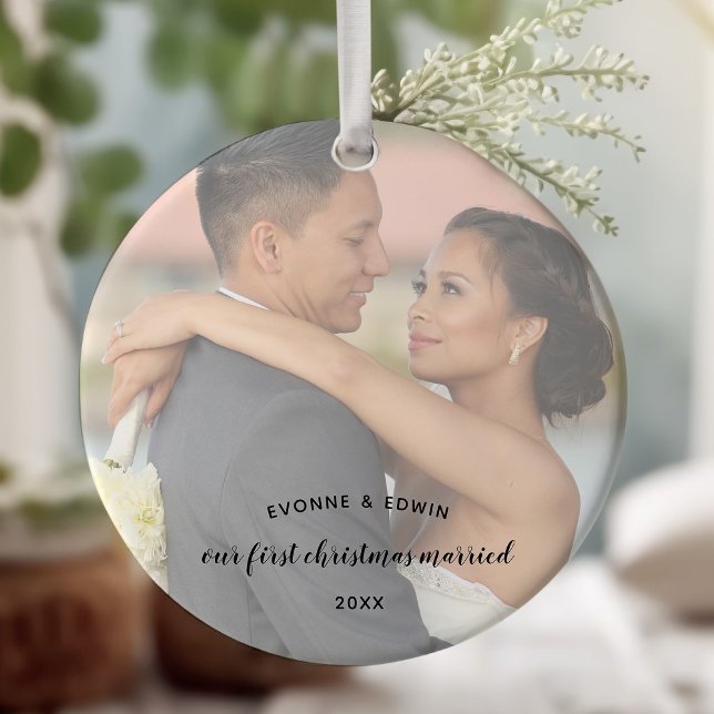 Our First Christmas Married Double Sided Photo Ceramic Ornament (First Christmas Married, photo keepsake ornament)