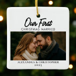 Our First Christmas Married Elegant Minimal Photo  Ceramic Ornament<br><div class="desc">Commemorate your first holiday season as newlyweds with this elegant ceramic ornament. Featuring the phrase “Our First Christmas Married 2025” in modern minimal typography and your favorite photo, it’s the perfect keepsake to celebrate love, commitment, and new beginnings. A timeless holiday gift for any couple starting their married life together....</div>