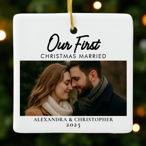 Our First Christmas Married Elegant Minimal Photo  Ceramic Ornament