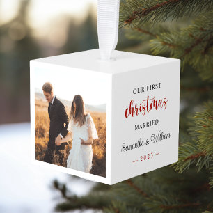 Our First Christmas Married Elegant Photo Cube Ornament