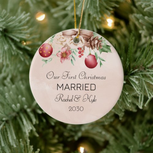 Our First Christmas Married  Engaged Floral  Ceramic Ornament