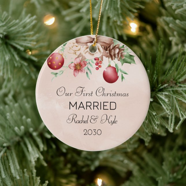 Our First Christmas Married  Engaged Floral  Ceramic Ornament (Tree)