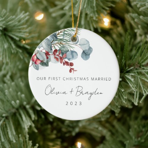 Our First Christmas Married Eucalyptus Ceramic Ornament