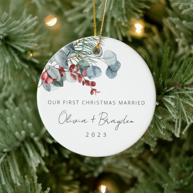 Our First Christmas Married Eucalyptus Ceramic Ornament (Tree)