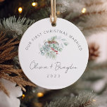 Our First Christmas Married Eucalyptus Ceramic Ornament<br><div class="desc">Celebrate your first Christmas Married with our exquisite "Our First Christmas Married Minimalist Eucalyptus Ceramic Ornament. This ornament beautifully blends simplicity with sentimentality, featuring a pristine white ceramic background adorned with charming hand-drawn Christmas tree illustrations. It adds a touch of elegance and nostalgia to your holiday decor. What makes this...</div>
