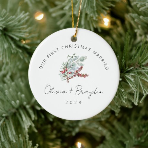 Our First Christmas Married Eucalyptus Photo Ceramic Ornament