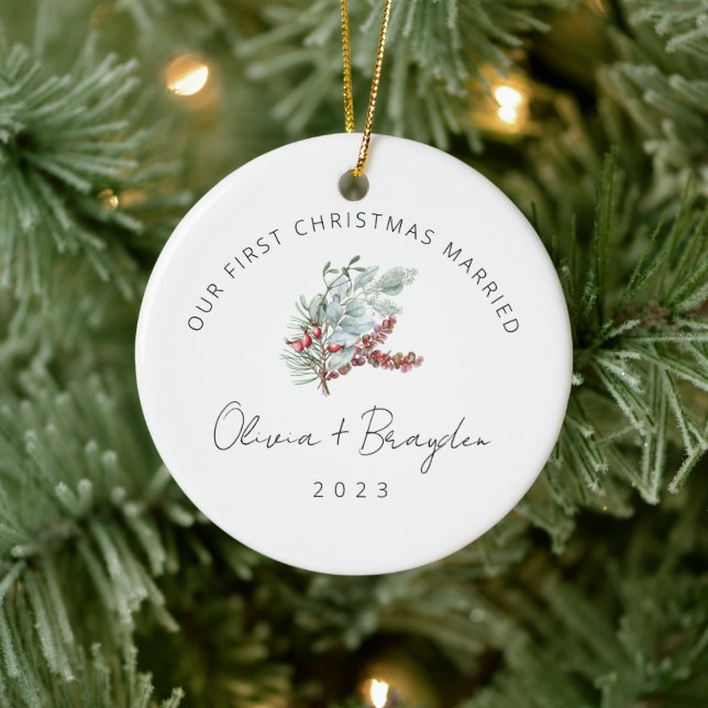 Our First Christmas Married Eucalyptus Photo Ceramic Ornament (Tree)