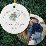 Our First Christmas Married Eucalyptus Photo Ceramic Ornament<br><div class="desc">Celebrate your first Christmas Married with our exquisite "Our First Christmas Married Minimalist Eucalyptus with Photo on Back Ceramic Ornament. This ornament beautifully blends simplicity with sentimentality, featuring a pristine white ceramic background adorned with charming hand-drawn Christmas tree illustrations. It adds a touch of elegance and nostalgia to your holiday...</div>