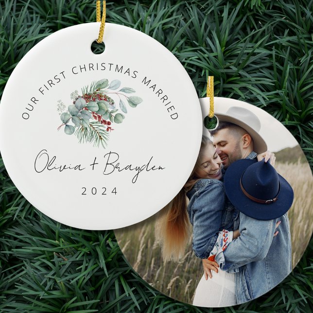 Our First Christmas Married Eucalyptus Photo Ceramic Ornament (Creator Uploaded)