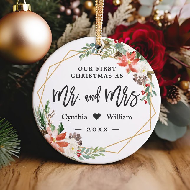 Our First Christmas Married Geometric Floral Photo Ornament (Sample (front))