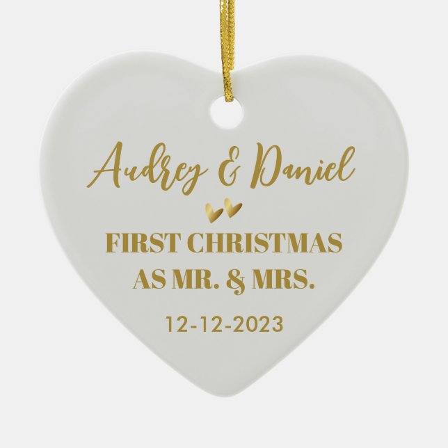 Our First Christmas Married Gift Gold Script Ceramic Ornament (Front)