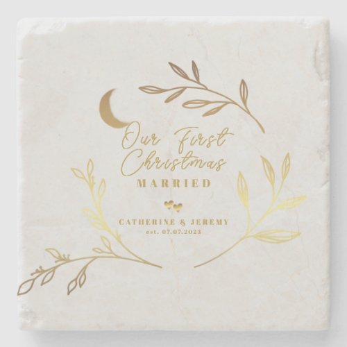 Our First Christmas Married Gift Gold Script  Gift Stone Coaster