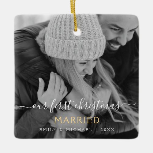 Our First Christmas Married Hand Lettered Photo Ceramic Ornament