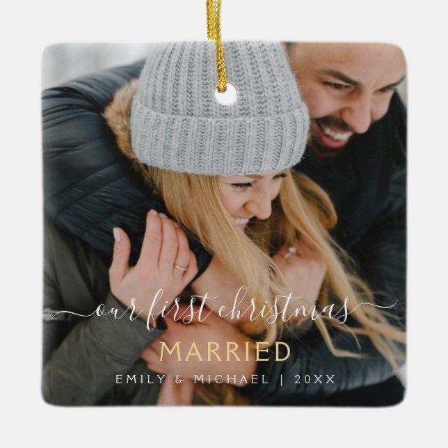 Our First Christmas Married Hand Lettered Photo Ceramic Ornament (Front)