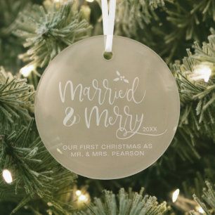 Our First Christmas Married Merry Neutral beige Glass Ornament