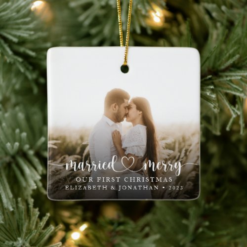 Our First Christmas Married  Merry Photo Ceramic Ornament
