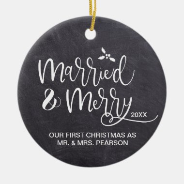 Our First Christmas Married Merry photo Chalkboard Ceramic Ornament