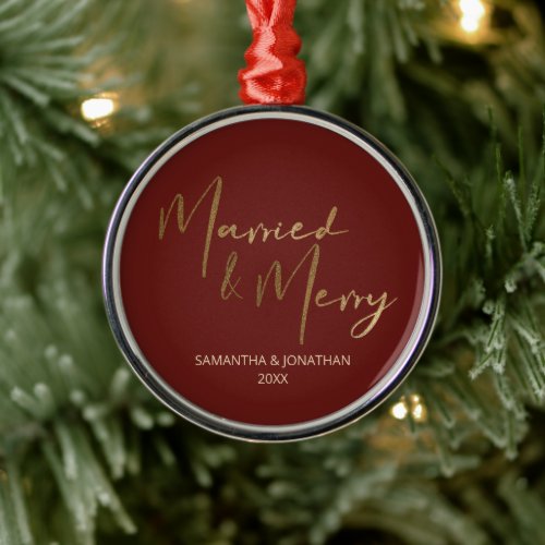Our First Christmas Married Merry Red  Metal Ornament