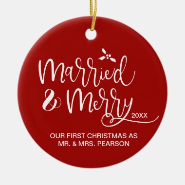 Our First Christmas, Married, Merry, Red, Photo Ceramic Ornament