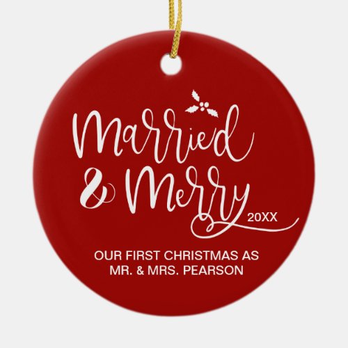 Our First Christmas Married Merry Red Photo Ceramic Ornament