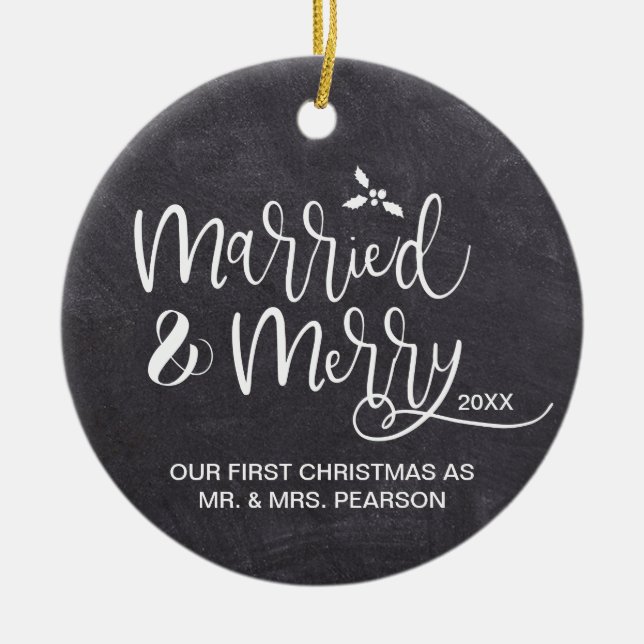Our First Christmas Married Merry Wedding Photo Ceramic Ornament (Front)