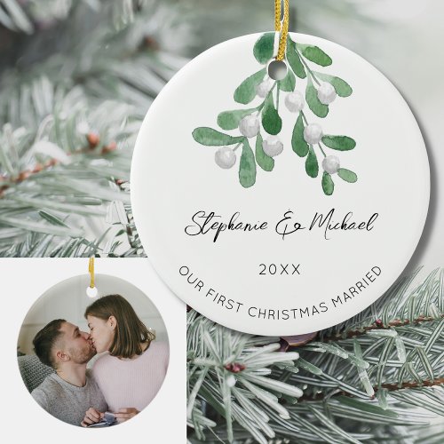 Our First Christmas Married Mistletoe Photo Ceramic Ornament