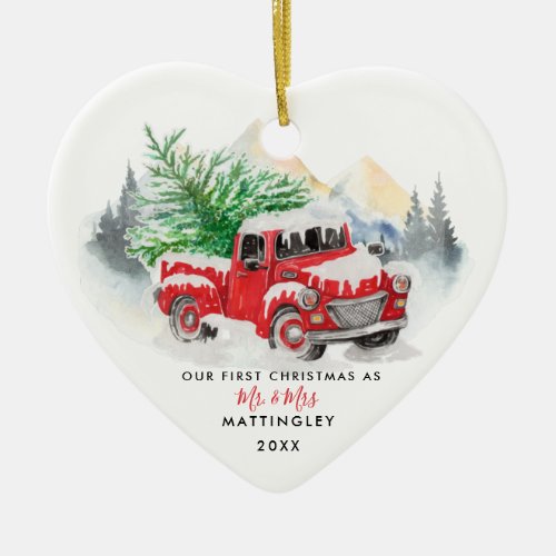 Our First Christmas Married Mr and Mrs Red Truck Ceramic Ornament