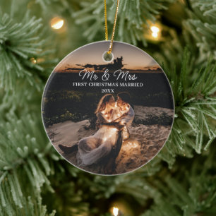 Our First Christmas Married Mr & Mrs Couple Photo Ceramic Ornament