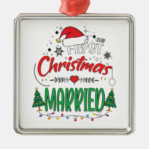 Our First Christmas Married Newlywed Mr and Mrs Metal Ornament