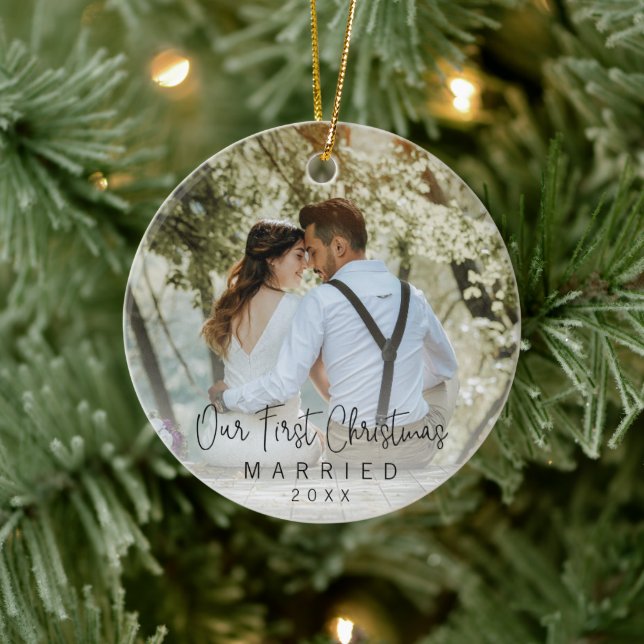 Our First Christmas Married Newlywed Photo Ceramic Ornament (Tree)