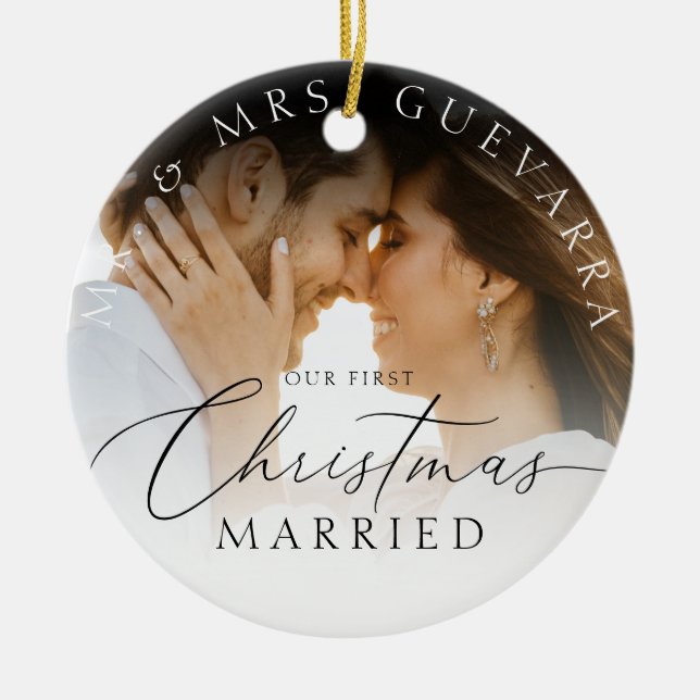 Our First Christmas Married Newlywed Photo Ceramic Ornament (Front)