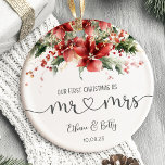 Our First Christmas Married Ornament Mr&Mrs<br><div class="desc">Our First Christmas Married Ornament Celebrate your first Christmas as a married couple with this beautiful personalized ornament! A perfect keepsake to mark the beginning of your life together, this custom ornament makes a thoughtful holiday gift for newlyweds or a romantic addition to your own Christmas tree. Add names, wedding...</div>