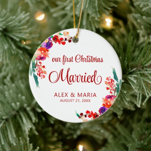 Our First Christmas Married Personalized Floral Ceramic Ornament