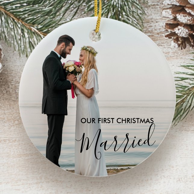 Our First Christmas Married Personalized Photo Ceramic Ornament (First Christmas Married photo ornament by Darling & May)