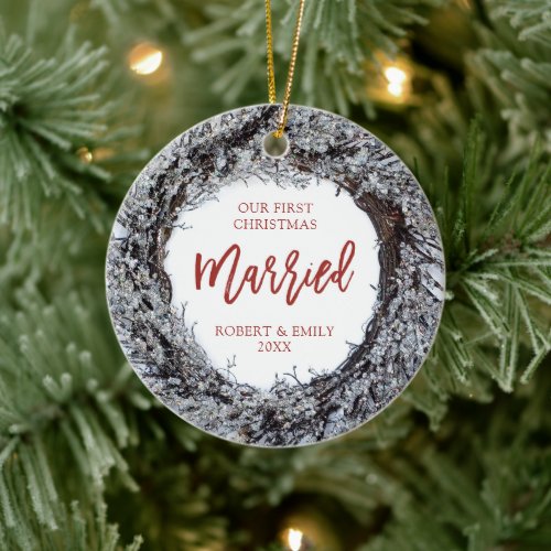 Our First Christmas Married Personalized Wreath Ceramic Ornament