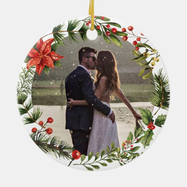 Our First Christmas Married Photo Botanical Ceramic Ornament (Back)
