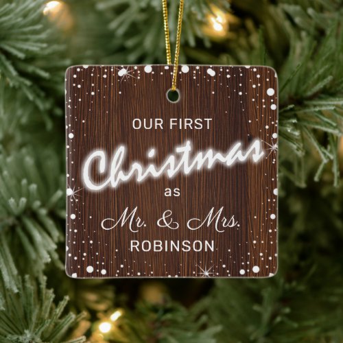 Our First Christmas Married  Photo Collage Ceramic Ornament