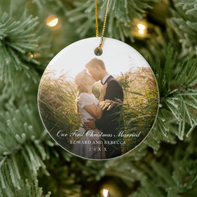 Our First Christmas Married Photo Elegant Newlywed Ceramic Ornament (Tree)