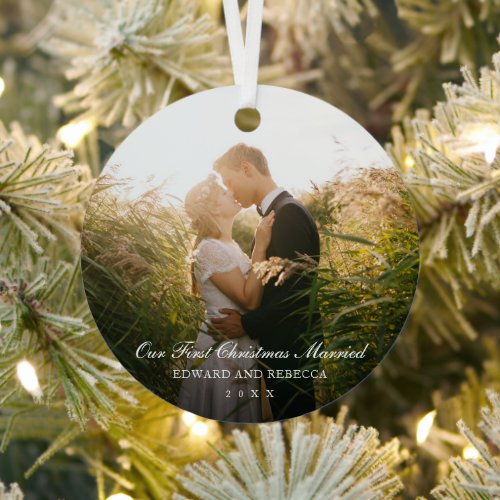 Our First Christmas Married Photo Elegant Newlywed Metal Ornament