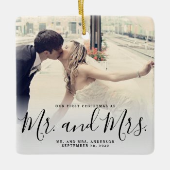 Our First Christmas Married Photo Elegant Script Ceramic Ornament by epclarke at Zazzle