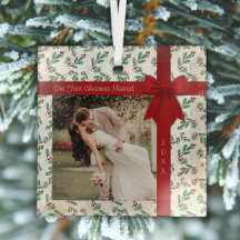 Our First Christmas Married Photo Glass Ornament
